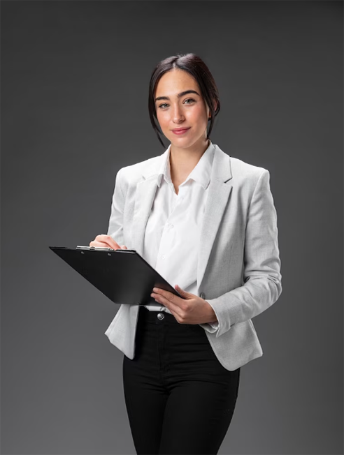 Woman car accident lawyer standing with documents